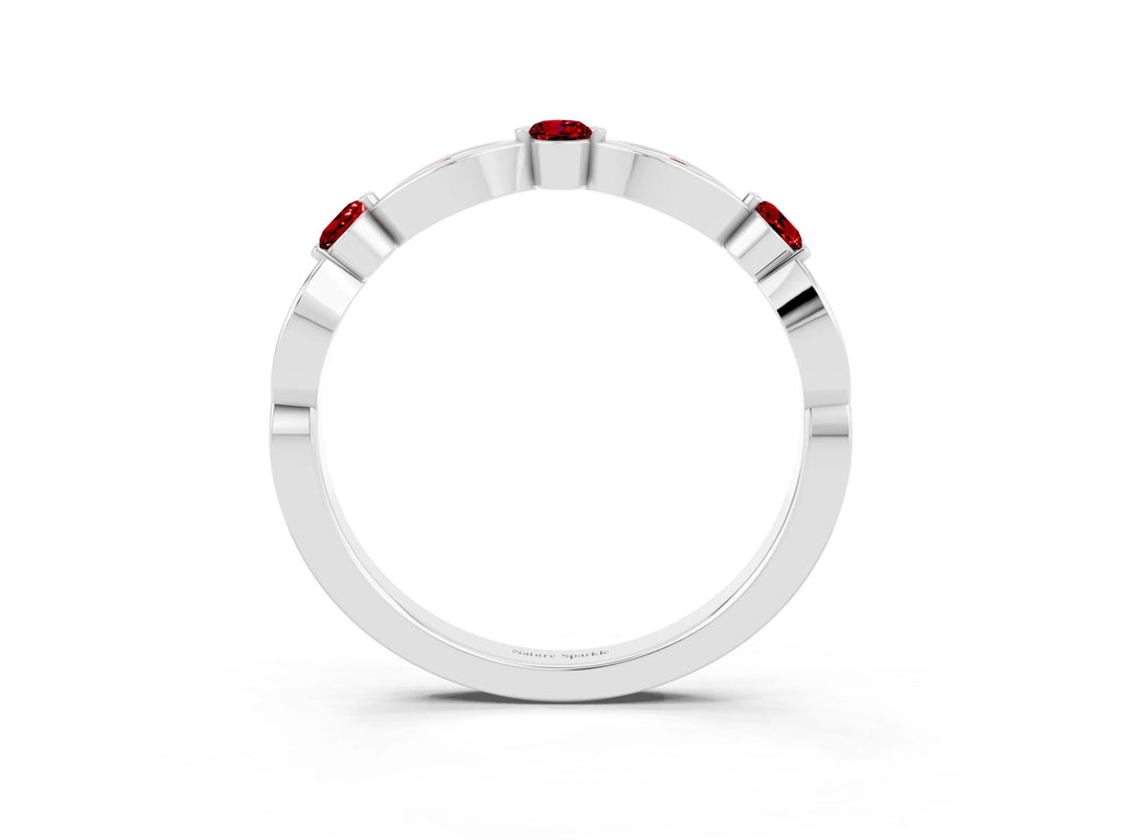 Alternating Marquise and Round Ruby Milgrain Band in White gold with Bezel Setting