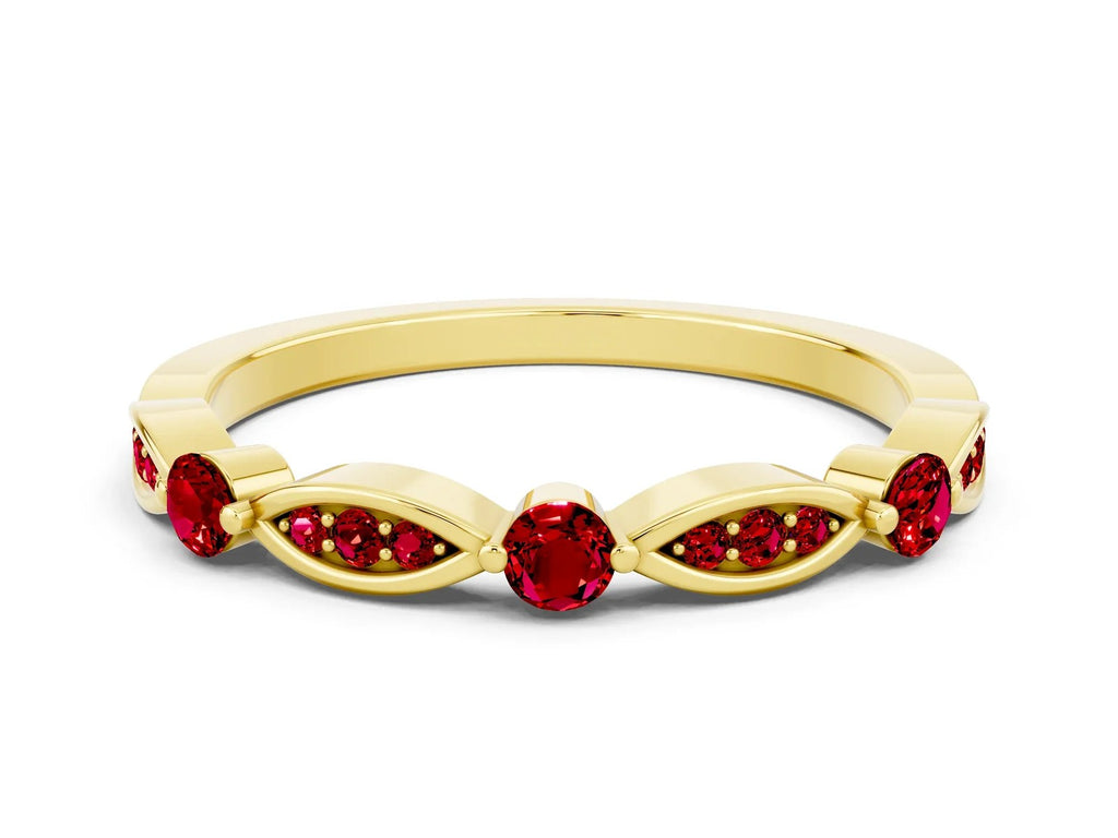 Alternating Marquise and Round Ruby Milgrain Band in Yellow gold with Bezel Setting 