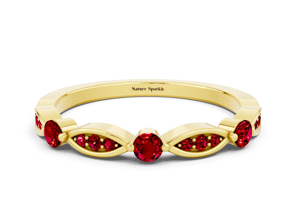 Alternating Marquise and Round Ruby Milgrain Band in Yellow gold with Bezel Setting