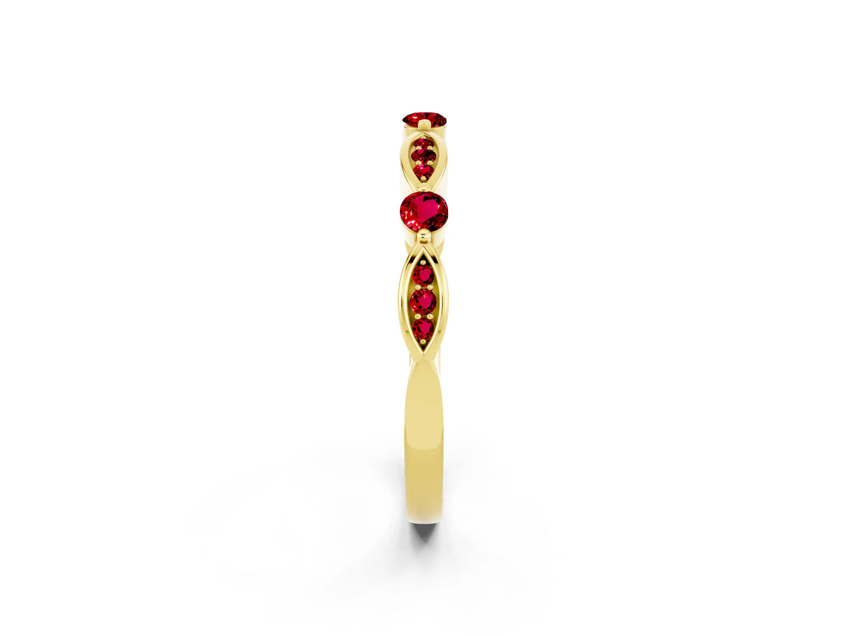 Alternating Marquise and Round Ruby Milgrain Band in Yellow gold with Bezel Setting