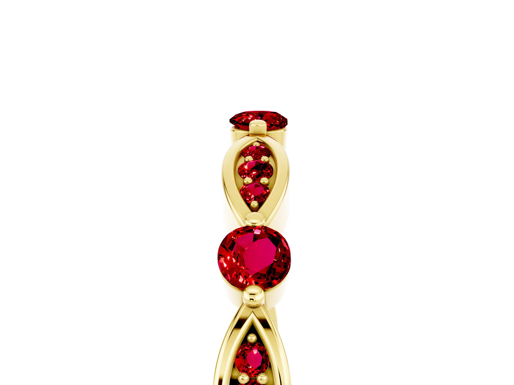 Alternating Marquise and Round Ruby Milgrain Band in Yellow gold with Bezel Setting