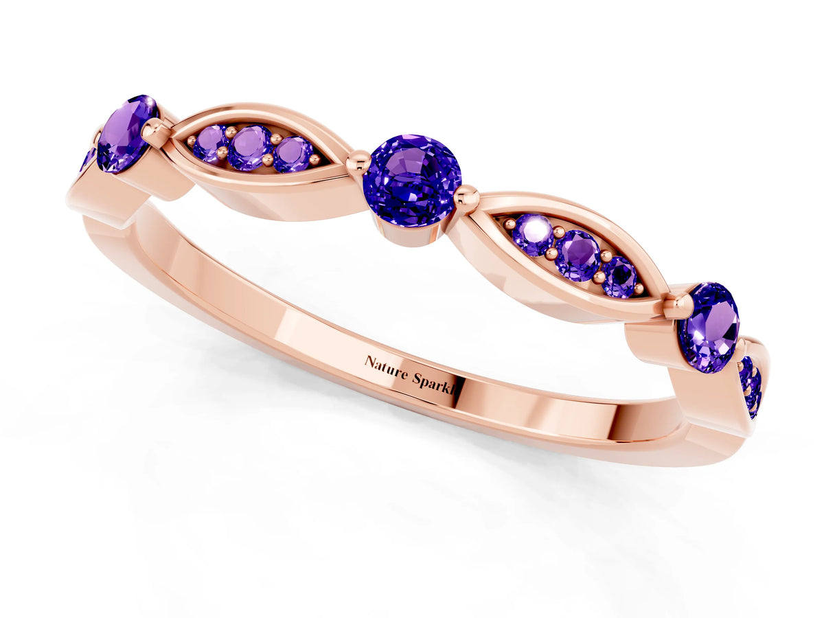 Alternating Marquise and Round Tanzanite Milgrain Band in Rose gold with Bezel Setting