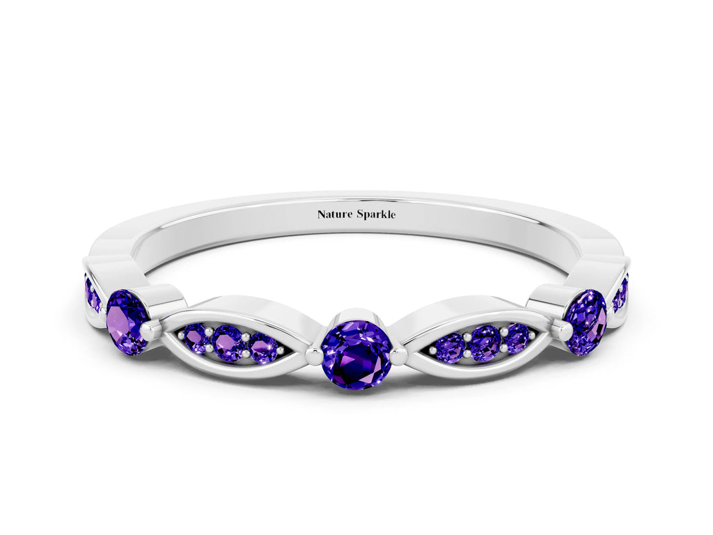 Alternating Marquise and Round Tanzanite Milgrain Band in Silver with Bezel Setting