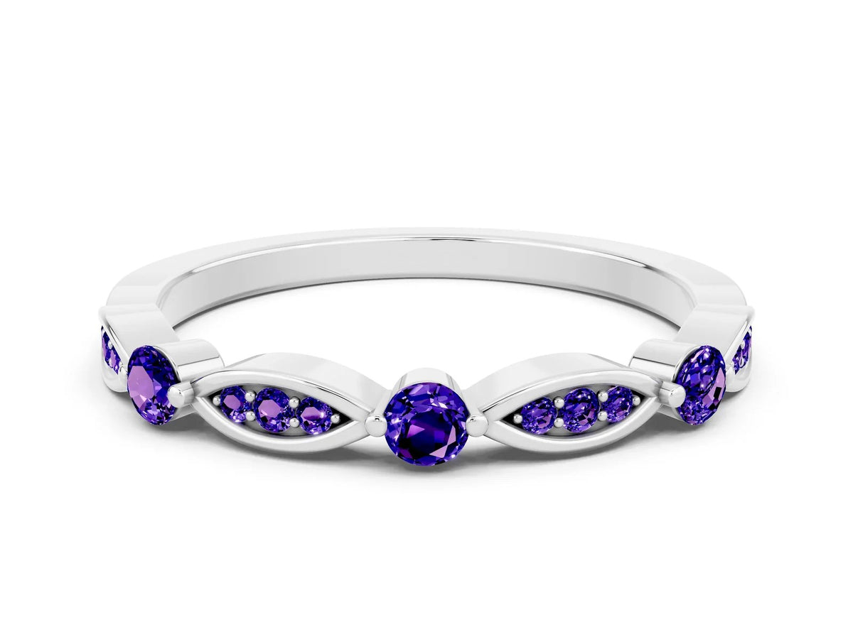 Alternating Marquise and Round Tanzanite Milgrain Band in White gold with Bezel Setting 