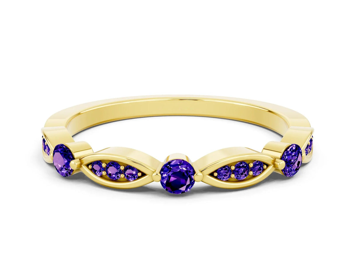 Alternating Marquise and Round Tanzanite Milgrain Band in Yellow gold with Bezel Setting 