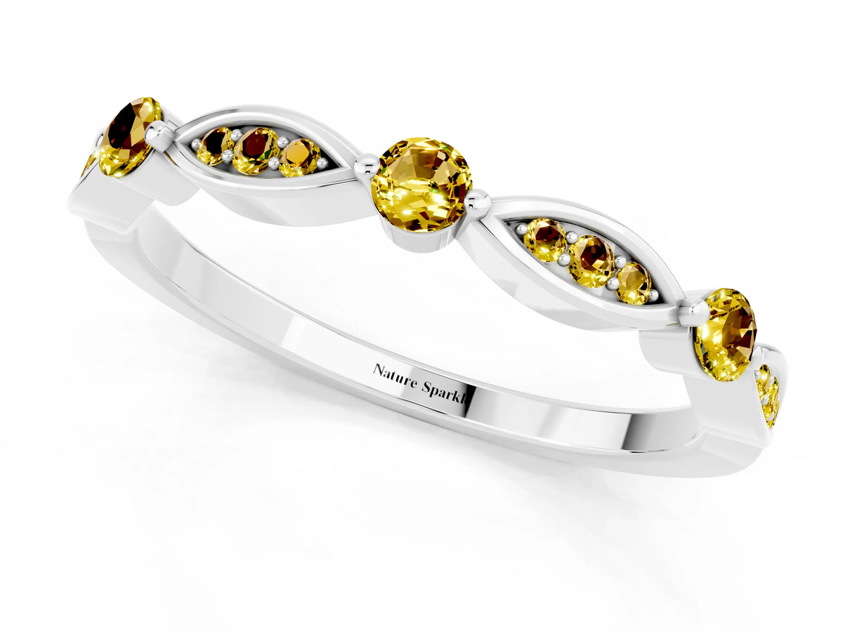Alternating Marquise and Round Yellow Sapphire Milgrain Band in Platinum with Bezel Setting