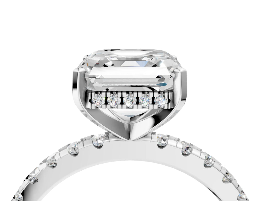 Asscher Cut Diamond Hidden Halo Solitaire Ring in Silver with Round Pavé Band and Prong Setting