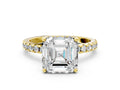 Asscher Cut Diamond Hidden Halo Solitaire Ring in Yellow gold with Round Pavé Band and Prong Setting