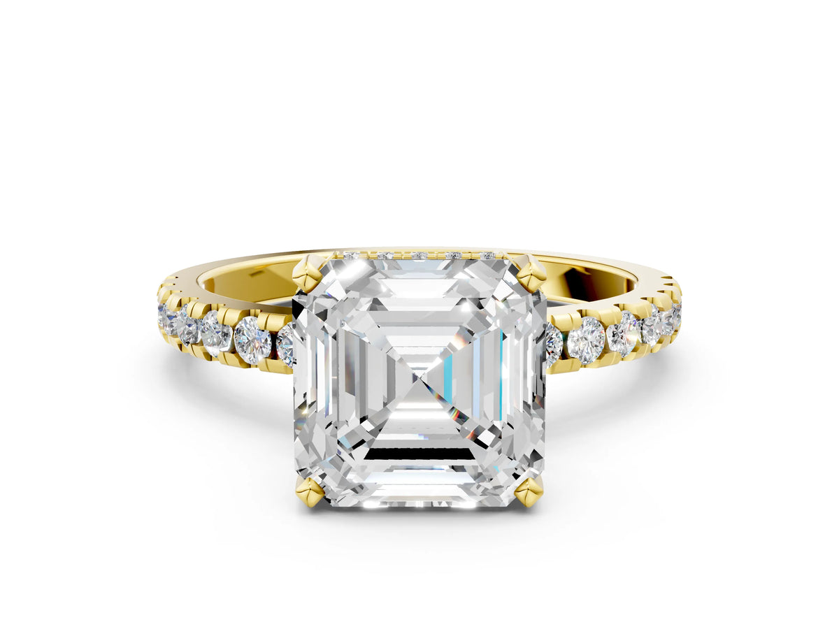 Asscher Cut Diamond Hidden Halo Solitaire Ring in Yellow gold with Round Pavé Band and Prong Setting