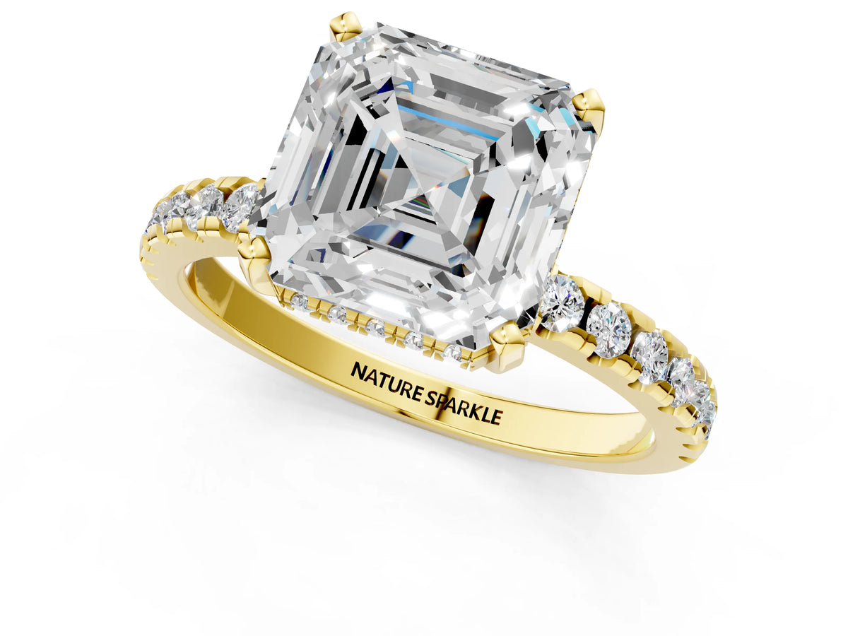 Asscher Cut Diamond Hidden Halo Solitaire Ring in Yellow gold with Round Pavé Band and Prong Setting
