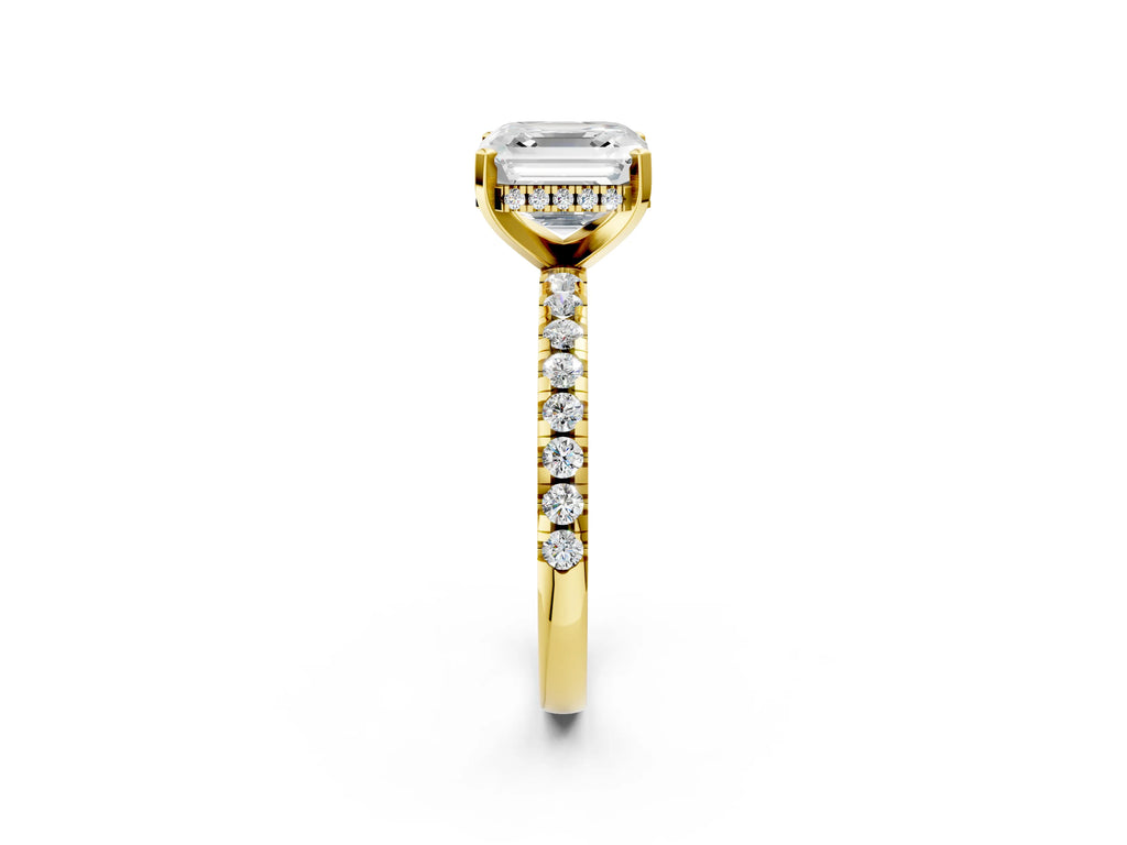 Asscher Cut Diamond Hidden Halo Solitaire Ring in Yellow gold with Round Pavé Band and Prong Setting