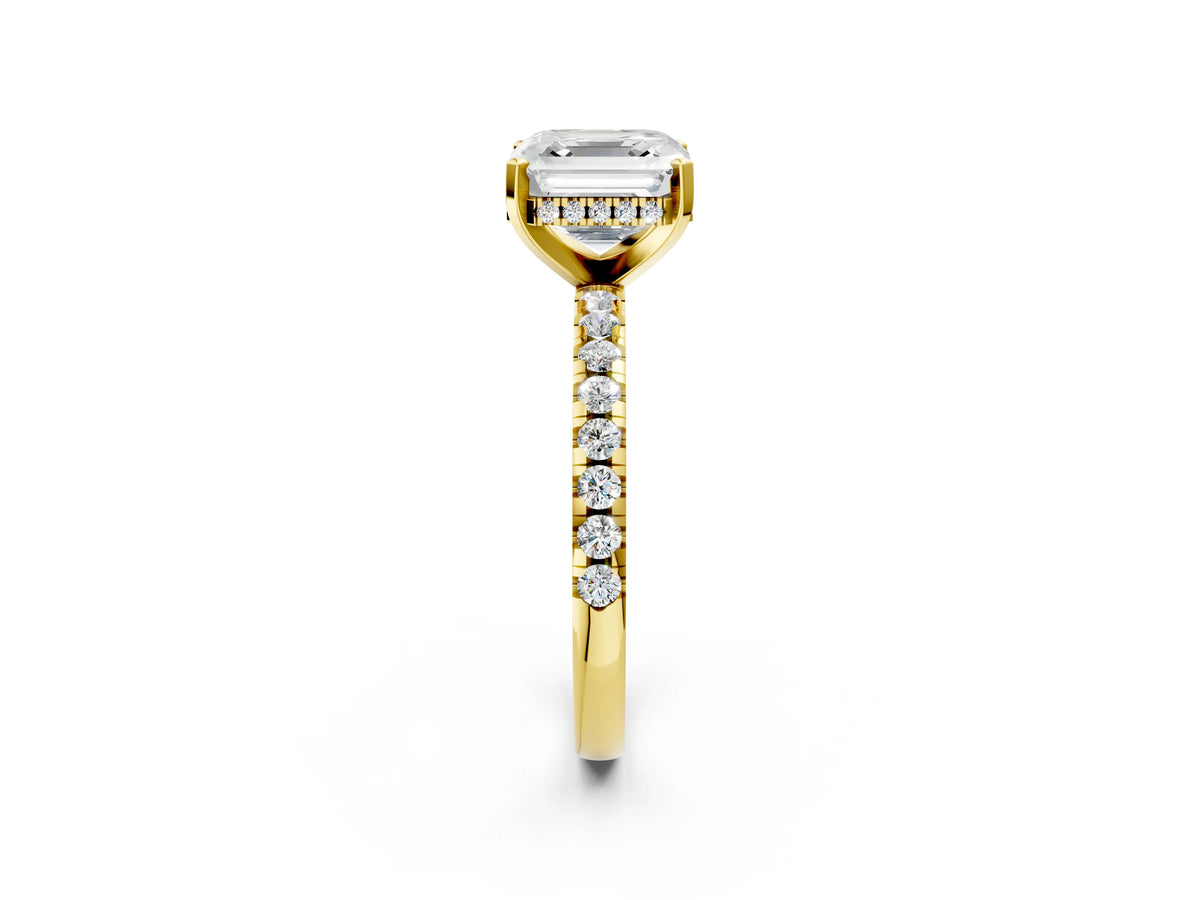 Asscher Cut Diamond Hidden Halo Solitaire Ring in Yellow gold with Round Pavé Band and Prong Setting