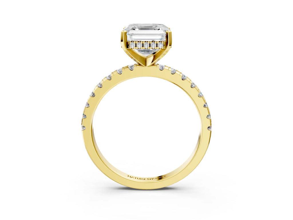 Asscher Cut Diamond Hidden Halo Solitaire Ring in Yellow gold with Round Pavé Band and Prong Setting