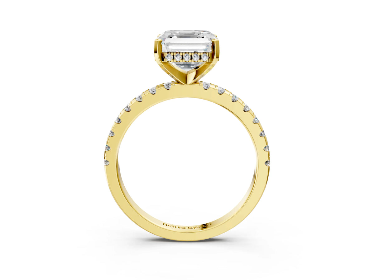 Asscher Cut Diamond Hidden Halo Solitaire Ring in Yellow gold with Round Pavé Band and Prong Setting