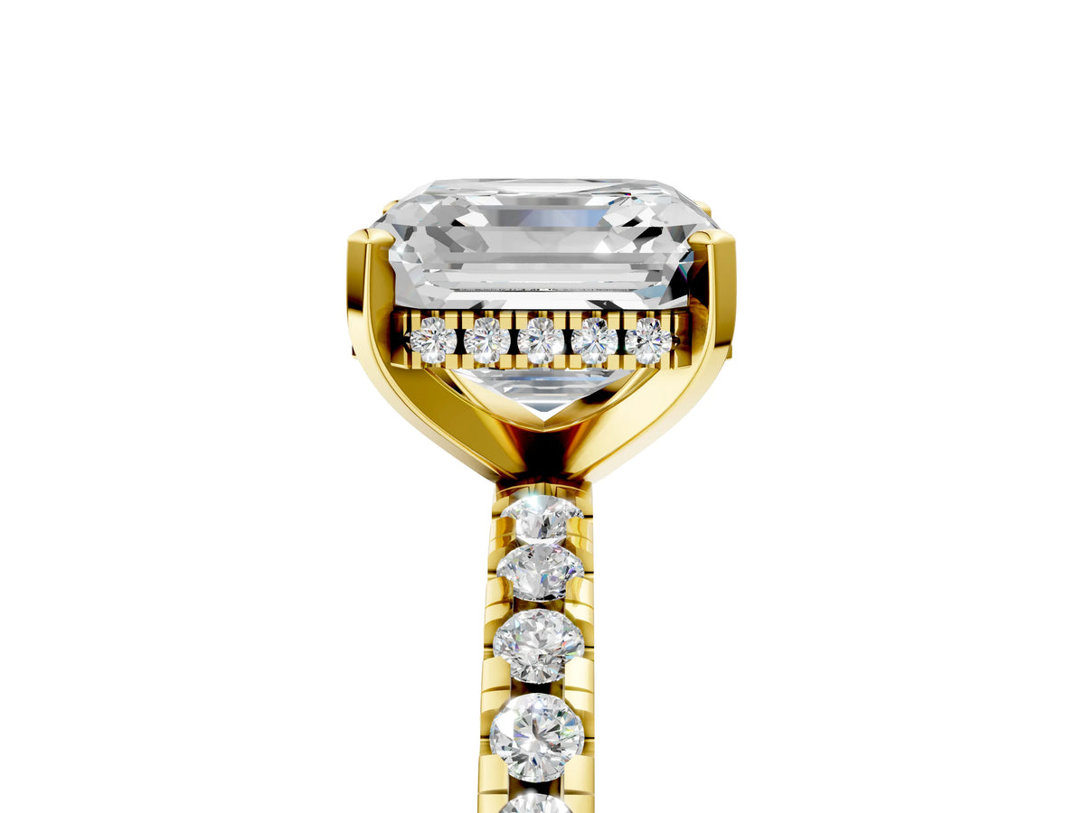 Asscher Cut Diamond Hidden Halo Solitaire Ring in Yellow gold with Round Pavé Band and Prong Setting