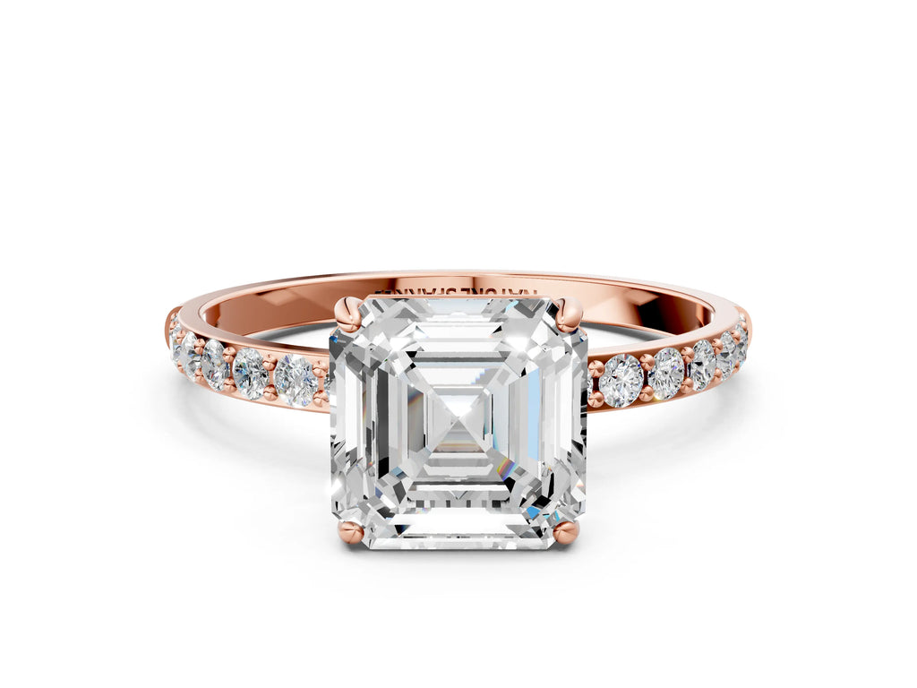 Asscher Cut Diamond Pavé Band Solitaire Ring in Rose gold with Round Accents