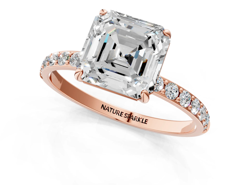 Asscher Cut Diamond Pavé Band Solitaire Ring in Rose gold with Round Accents