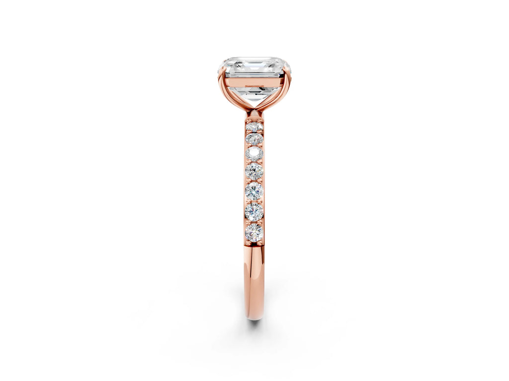 Asscher Cut Diamond Pavé Band Solitaire Ring in Rose gold with Round Accents