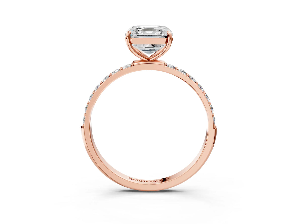 Asscher Cut Diamond Pavé Band Solitaire Ring in Rose gold with Round Accents