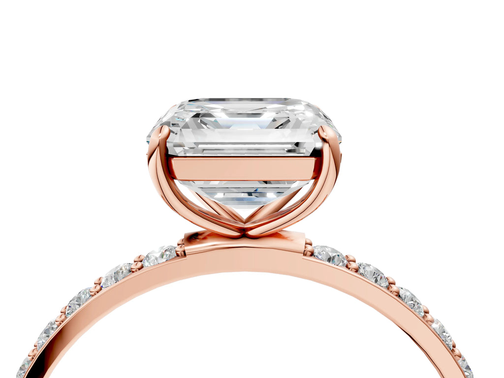 Asscher Cut Diamond Pavé Band Solitaire Ring in Rose gold with Round Accents