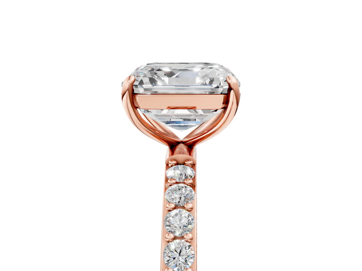 Asscher Cut Diamond Pavé Band Solitaire Ring in Rose gold with Round Accents