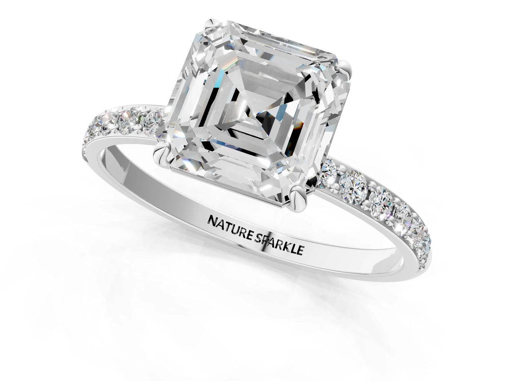 Asscher Cut Diamond Pavé Band Solitaire Ring in White gold with Round Accents