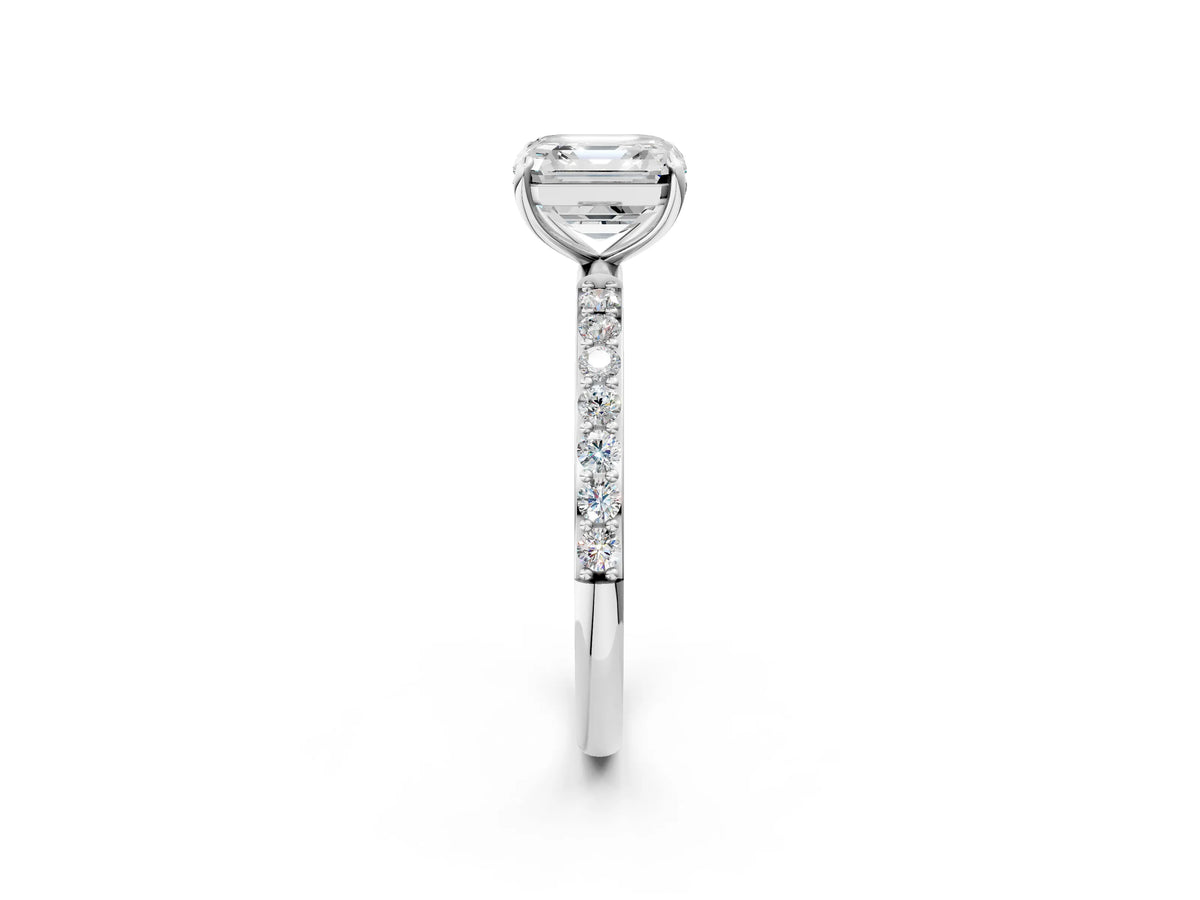 Asscher Cut Diamond Pavé Band Solitaire Ring in White gold with Round Accents