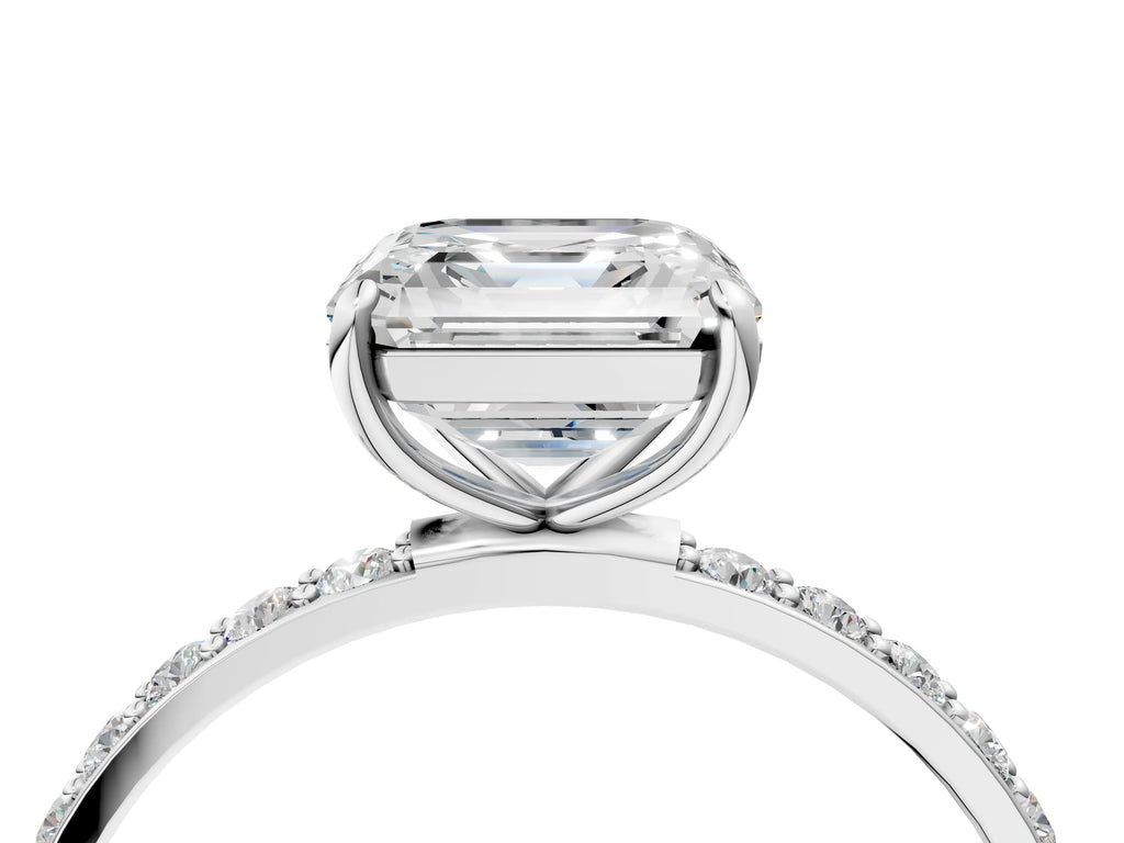 Asscher Cut Diamond Pavé Band Solitaire Ring in White gold with Round Accents