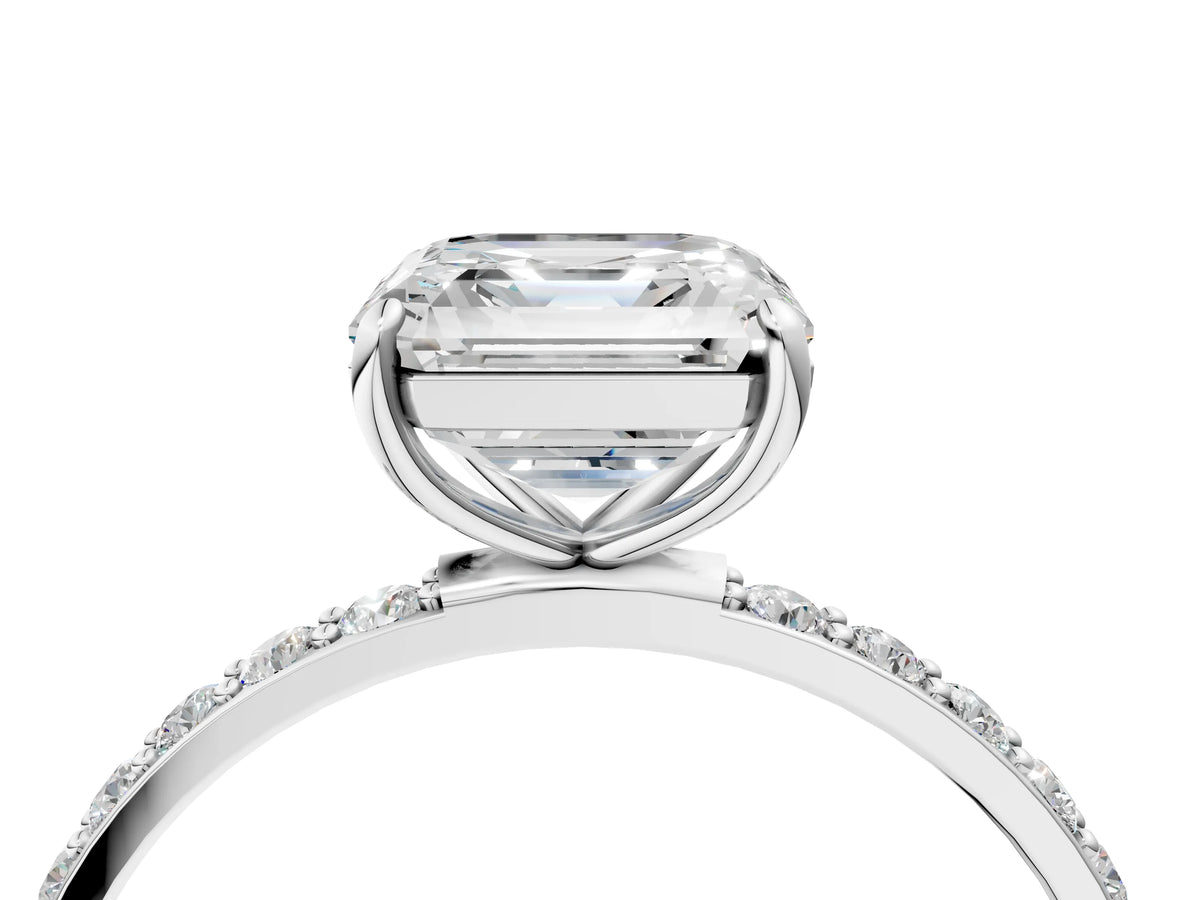 Asscher Cut Diamond Pavé Band Solitaire Ring in White gold with Round Accents