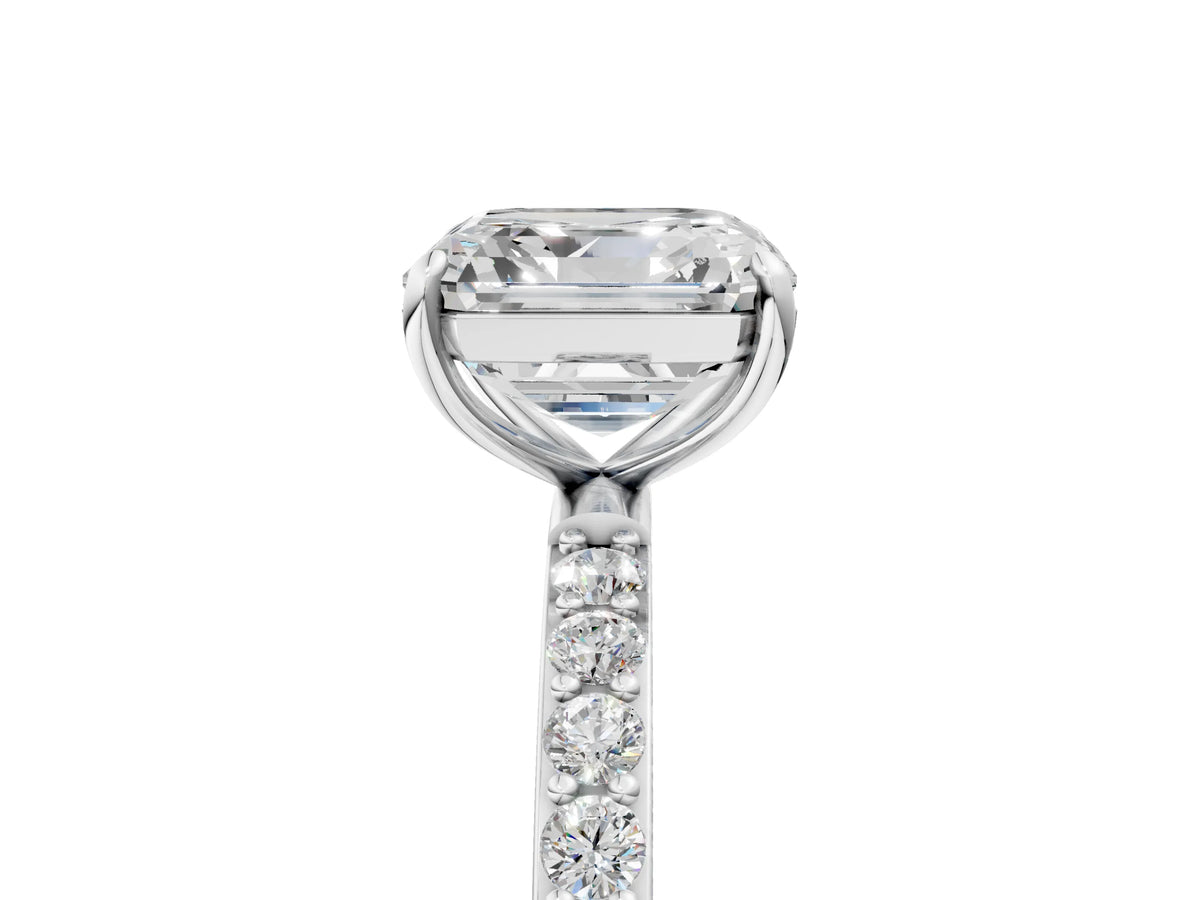 Asscher Cut Diamond Pavé Band Solitaire Ring in White gold with Round Accents