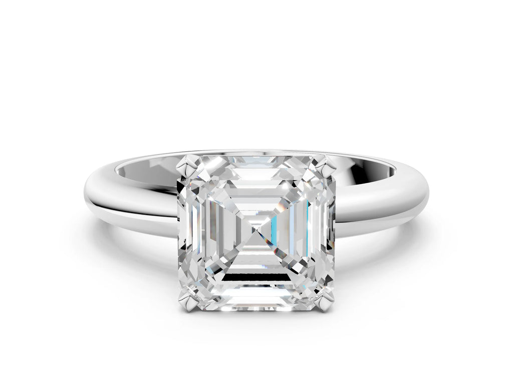 Asscher Cut Diamond Solitaire Ring in White gold with Prong Setting and Rounded Band