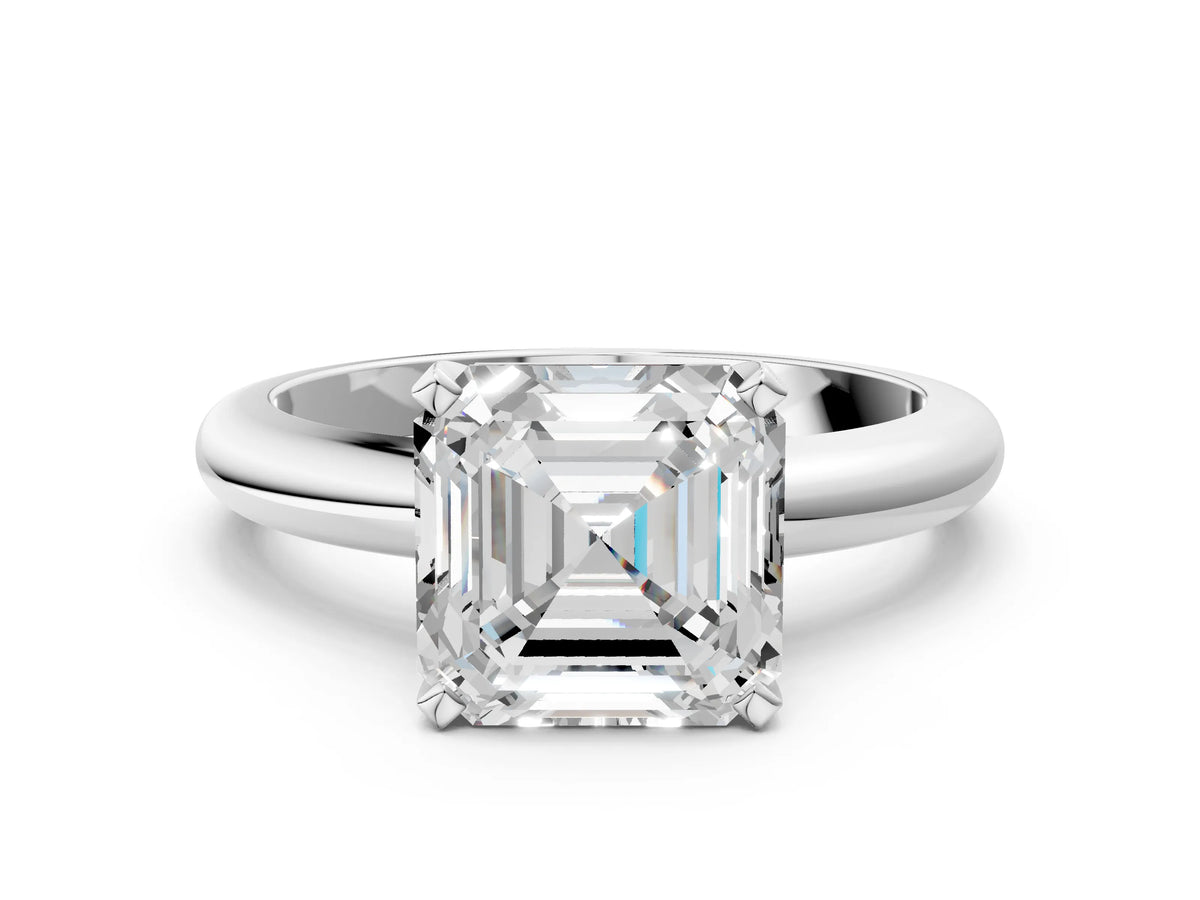 Asscher Cut Diamond Solitaire Ring in White gold with Prong Setting and Rounded Band