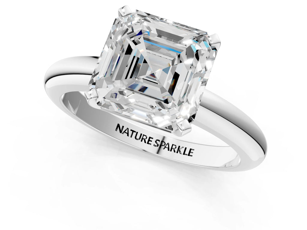 Asscher Cut Diamond Solitaire Ring in White gold with Prong Setting and Rounded Band