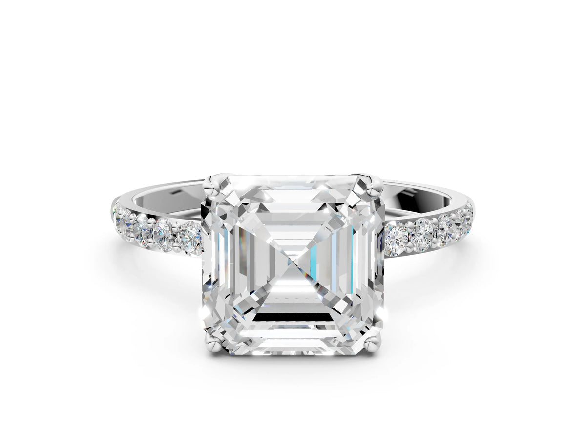 Asscher Cut Diamond Solitaire Ring in Platinum with Round Shared Prong Pavé Band