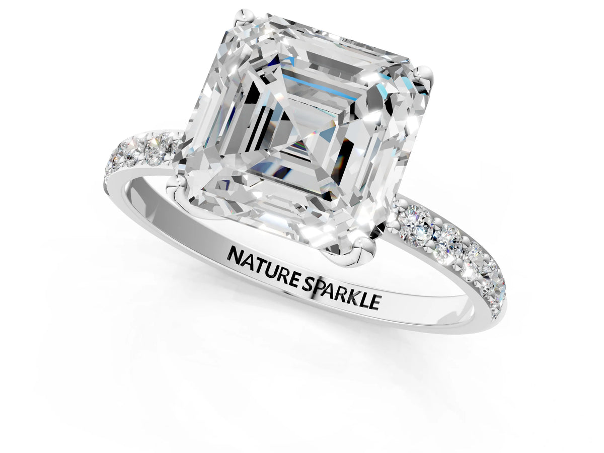 Asscher Cut Diamond Solitaire Ring in Silver with Round Shared Prong Pavé Band