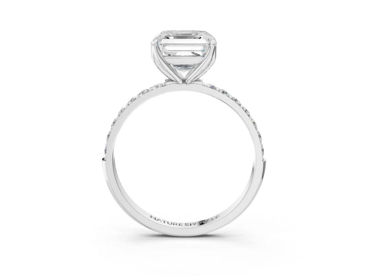 Asscher Cut Diamond Solitaire Ring in Silver with Round Shared Prong Pavé Band