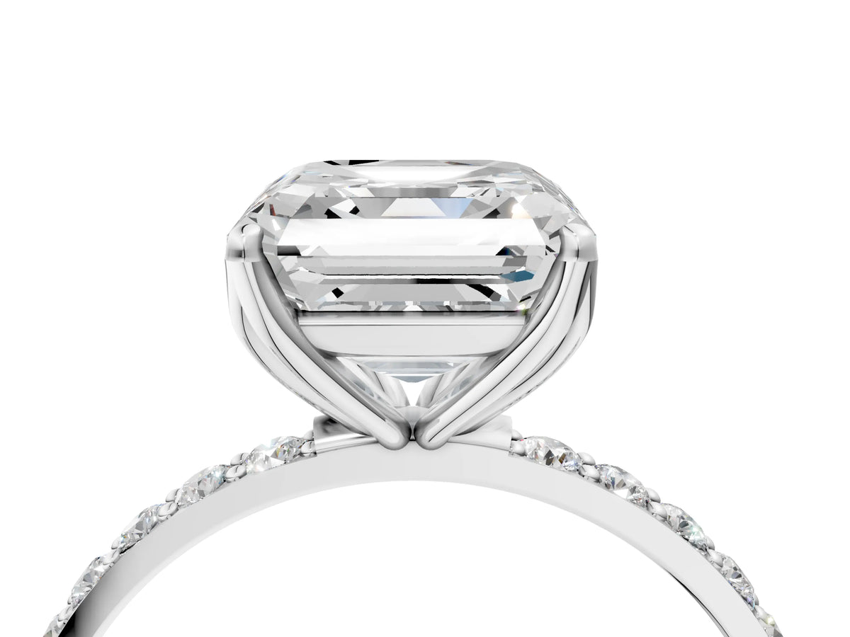 Asscher Cut Diamond Solitaire Ring in Platinum with Round Shared Prong Pavé Band