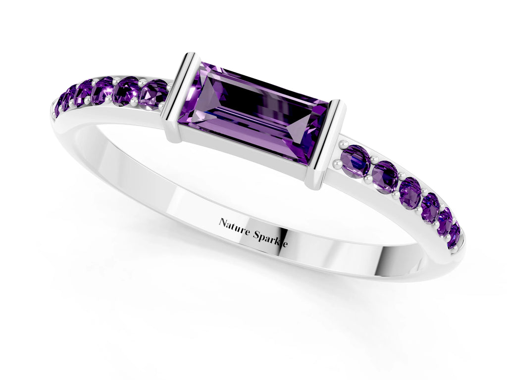 Baguette Amethyst Pavé Band in Silver with Bar Setting