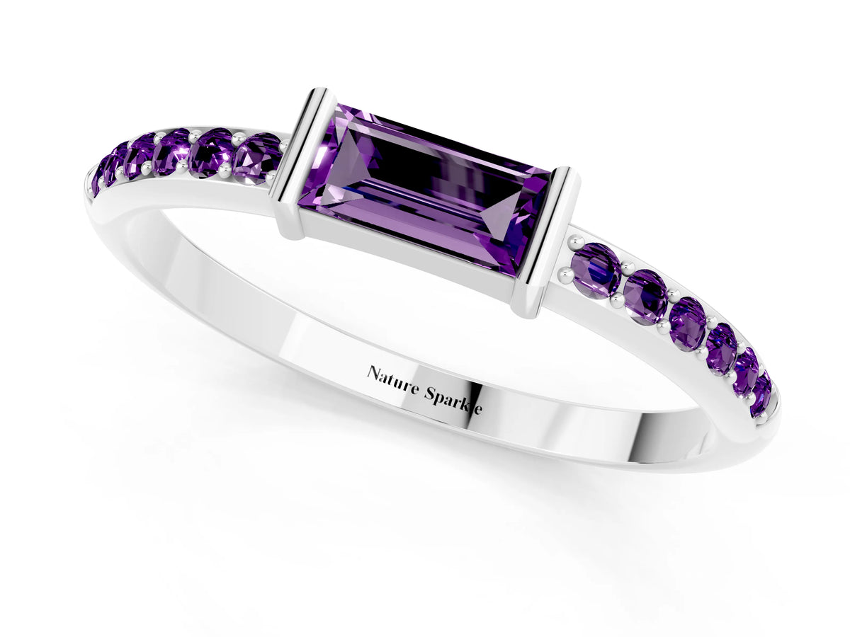 Baguette Amethyst Pavé Band in Silver with Bar Setting