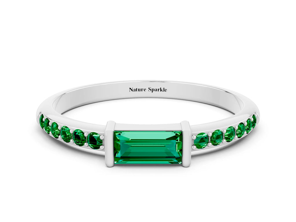 Baguette Emerald Pavé Band in Silver with Bar Setting