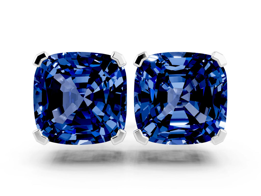 Cushion Cut Blue Sapphire Stud Earrings in Platinum with Basket Setting