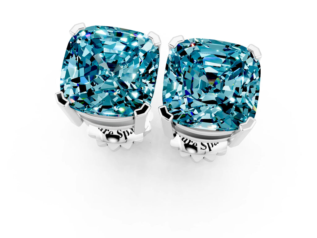 Cushion Cut Blue Topaz Stud Earrings in Platinum with Basket Setting