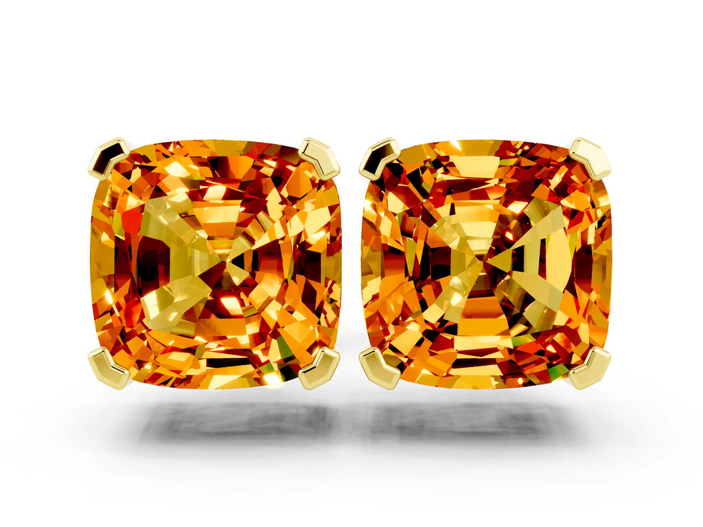 Cushion Cut Citrine Stud Earrings in Yellow gold with Basket Setting