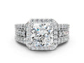 Cushion Cut Diamond Halo Engagement Ring in Silver with Triple-Row Round Band