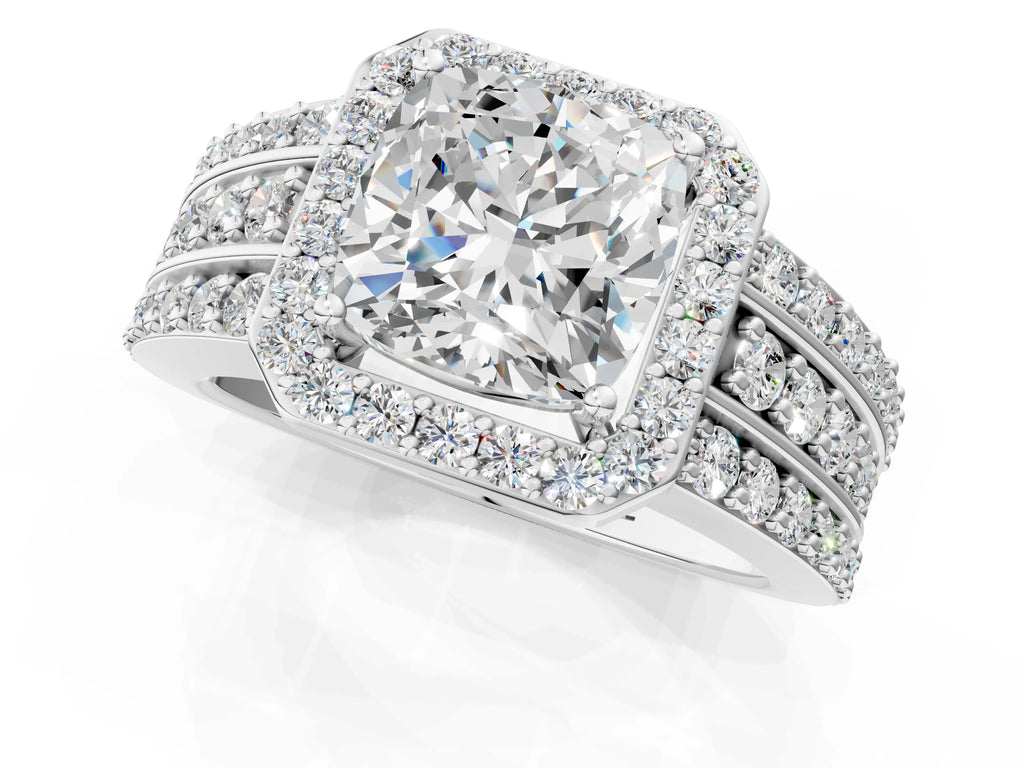 Cushion Cut Diamond Halo Engagement Ring in Silver with Triple-Row Round Band