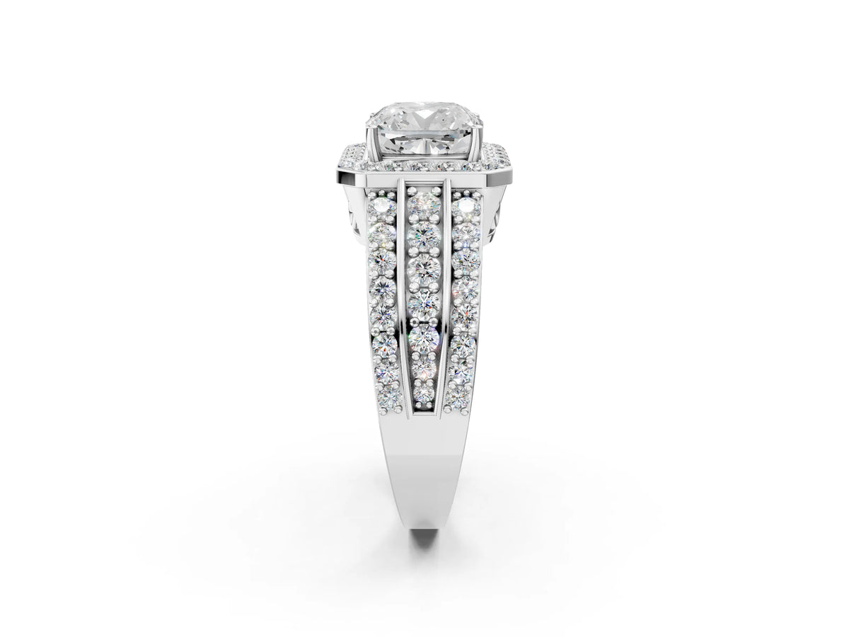 Cushion Cut Diamond Halo Engagement Ring in Silver with Triple-Row Round Band