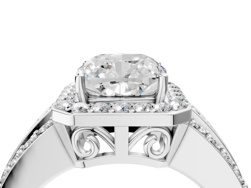 Cushion Cut Diamond Halo Engagement Ring in Silver with Triple-Row Round Band