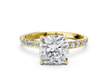 Cushion Cut Diamond Pavé Band Solitaire Ring in Yellow gold with Round Accents