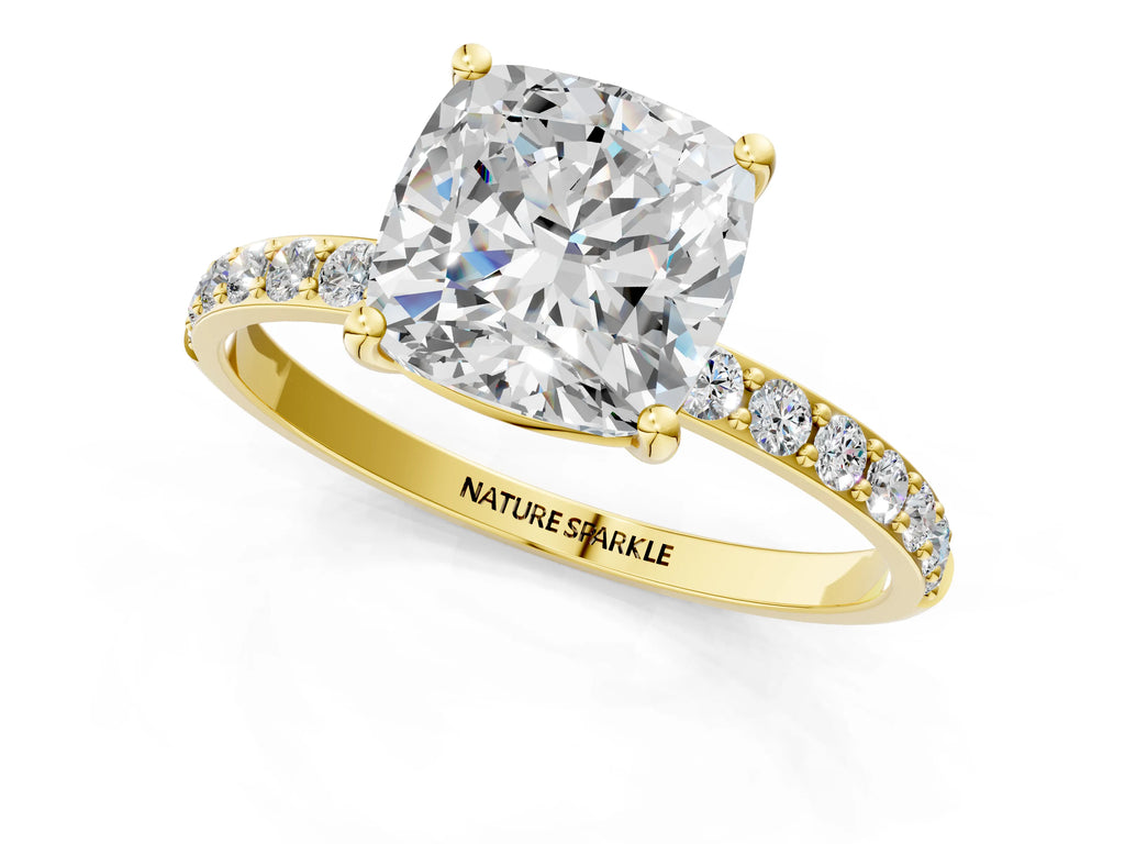 Cushion Cut Diamond Pavé Band Solitaire Ring in Yellow gold with Round Accents