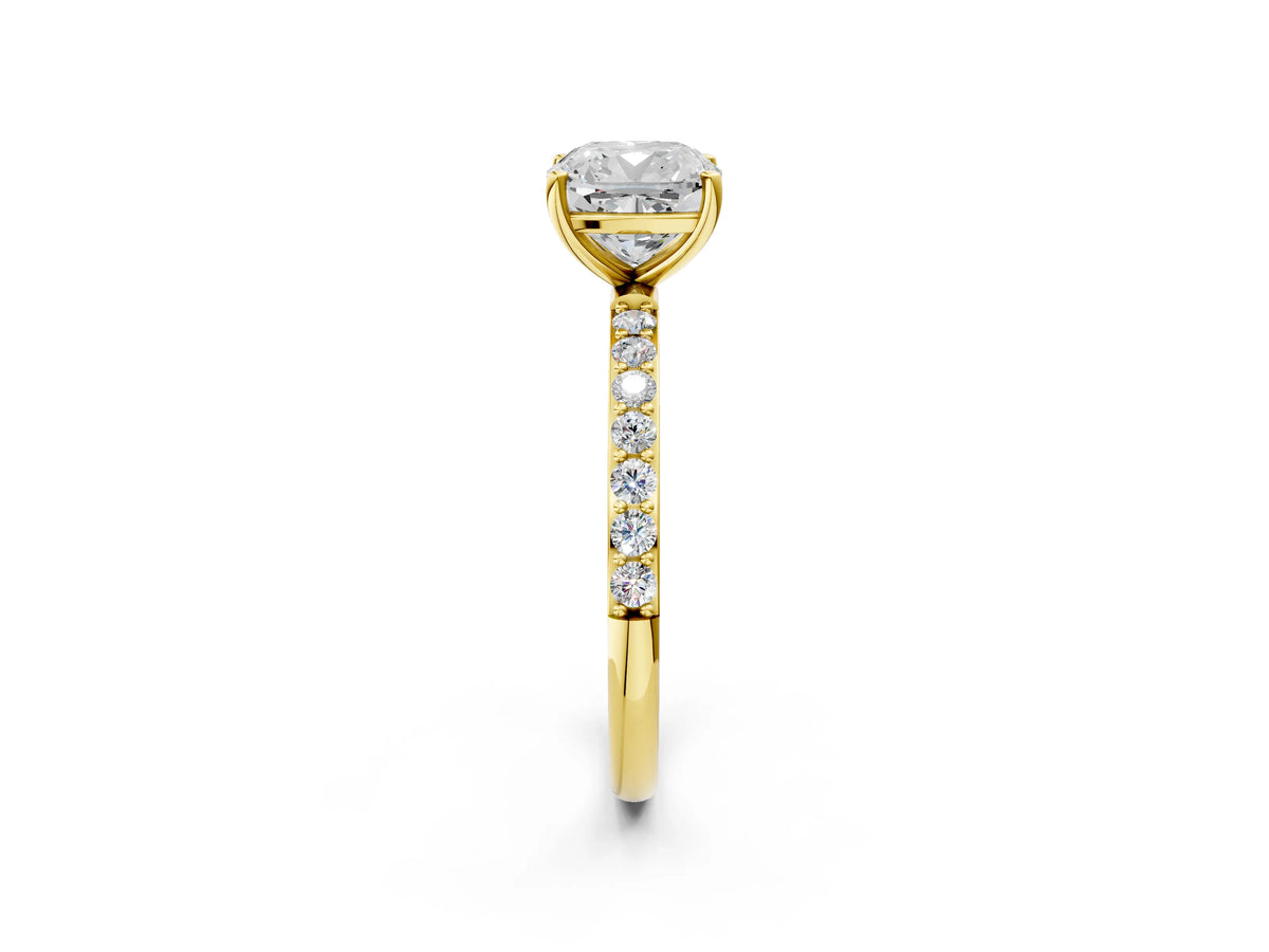 Cushion Cut Diamond Pavé Band Solitaire Ring in Yellow gold with Round Accents